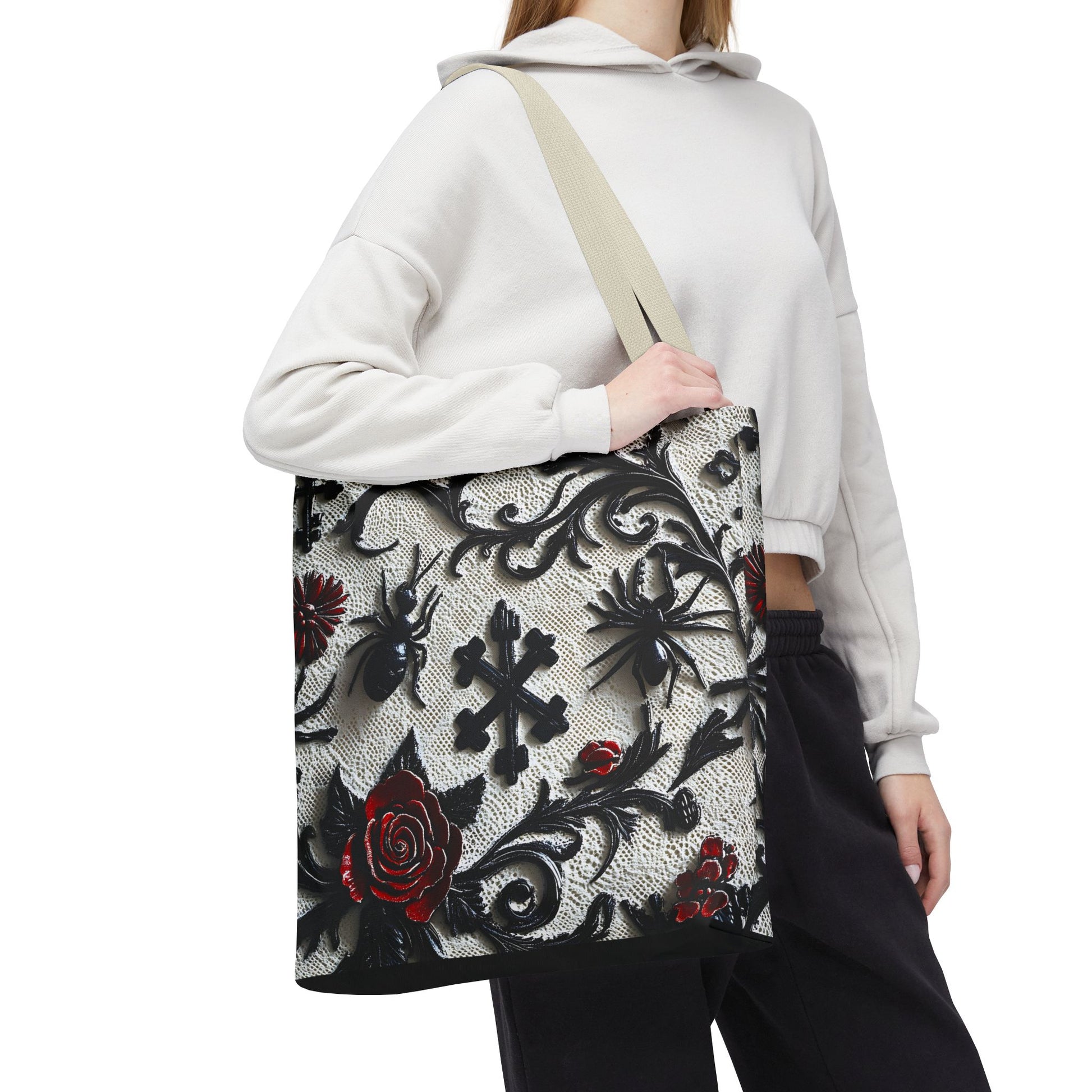 Gothic filigree tote bag featuring an ornate dark floral all-over print, crafted by Printify.