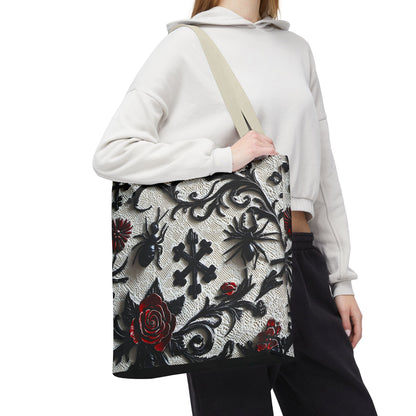 Gothic filigree tote bag featuring an ornate dark floral all-over print, crafted by Printify.