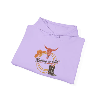 Western minimalist rider hoodie featuring a personalized bull skull and prairie sunset design by Printify