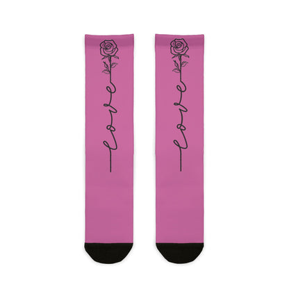 Love Rose crew socks with all-over climbing rose print, featuring a single-line rose design, by Printify.