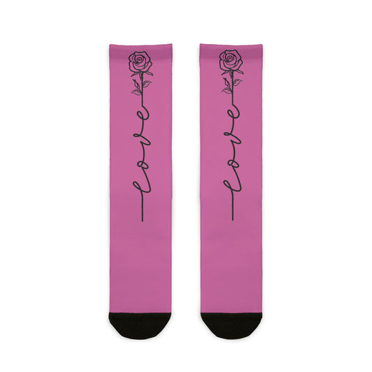 Love Rose crew socks with all-over climbing rose print, featuring a single-line rose design, by Printify.