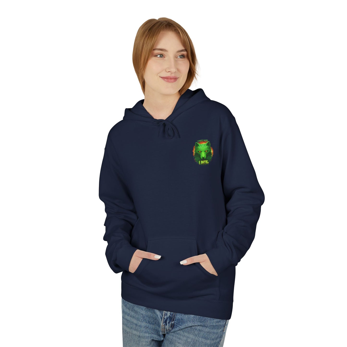Neon green wolf graphic hoodie for night riders, I Bite Wolf Hoodie by Printify, casual unisex hoodie with bold wolf design.