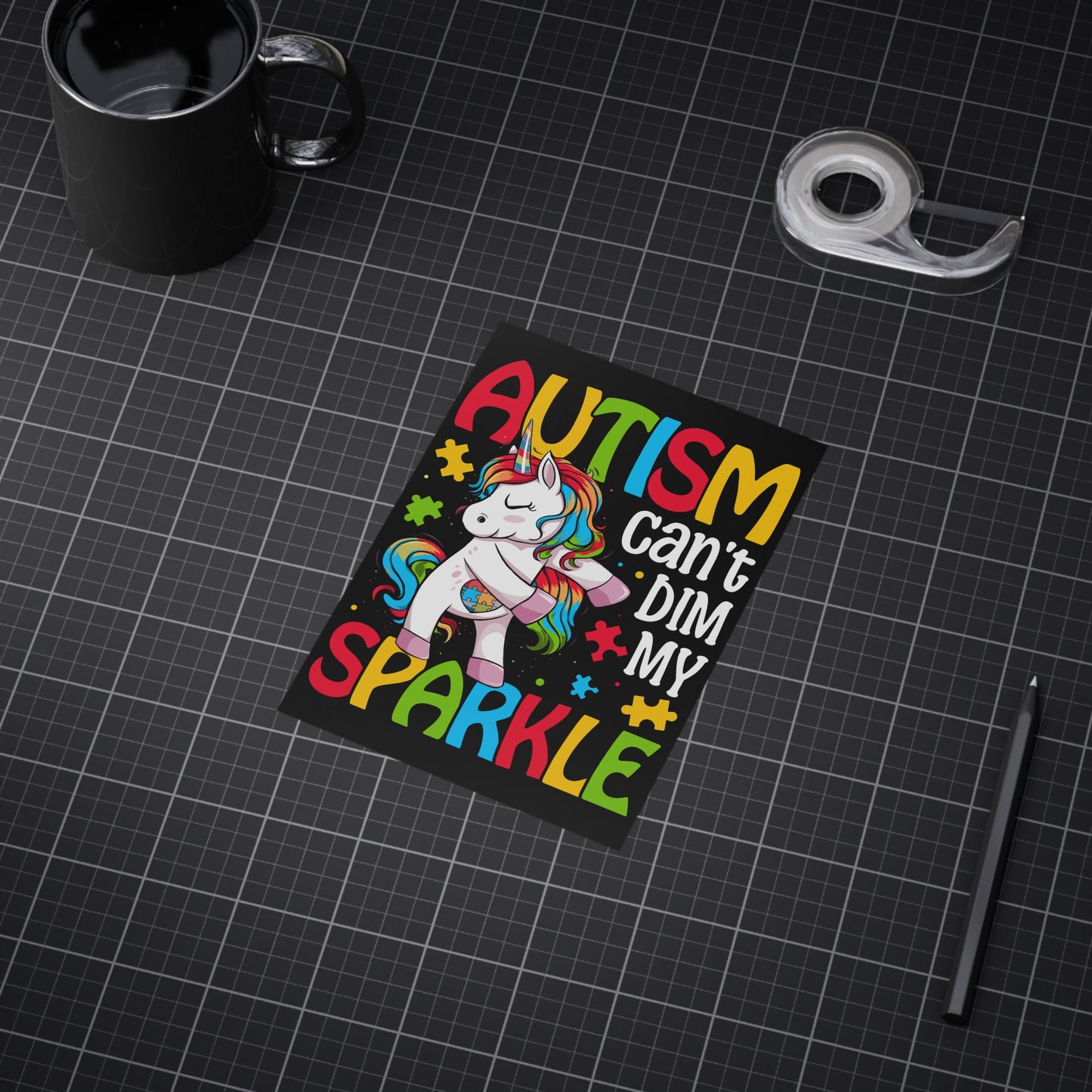 Autism Can't Dim My Sparkle print on paper product by Printify, featuring colorful, inspiring design celebrating autism awareness.