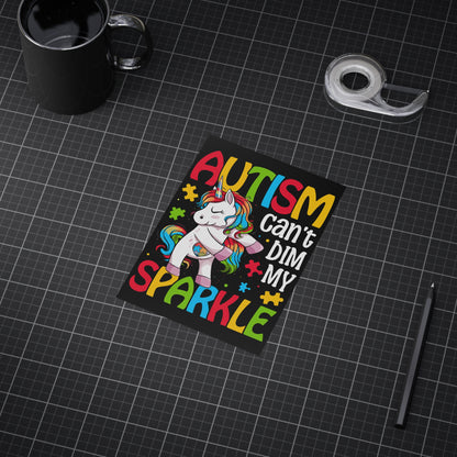 Autism Can't Dim My Sparkle print on paper product by Printify, featuring colorful, inspiring design celebrating autism awareness.