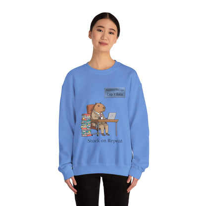 Adult sweatshirt featuring an illustrated capybara at desk, part of the Unhinged Animal Bureaucracy collection by Printify.