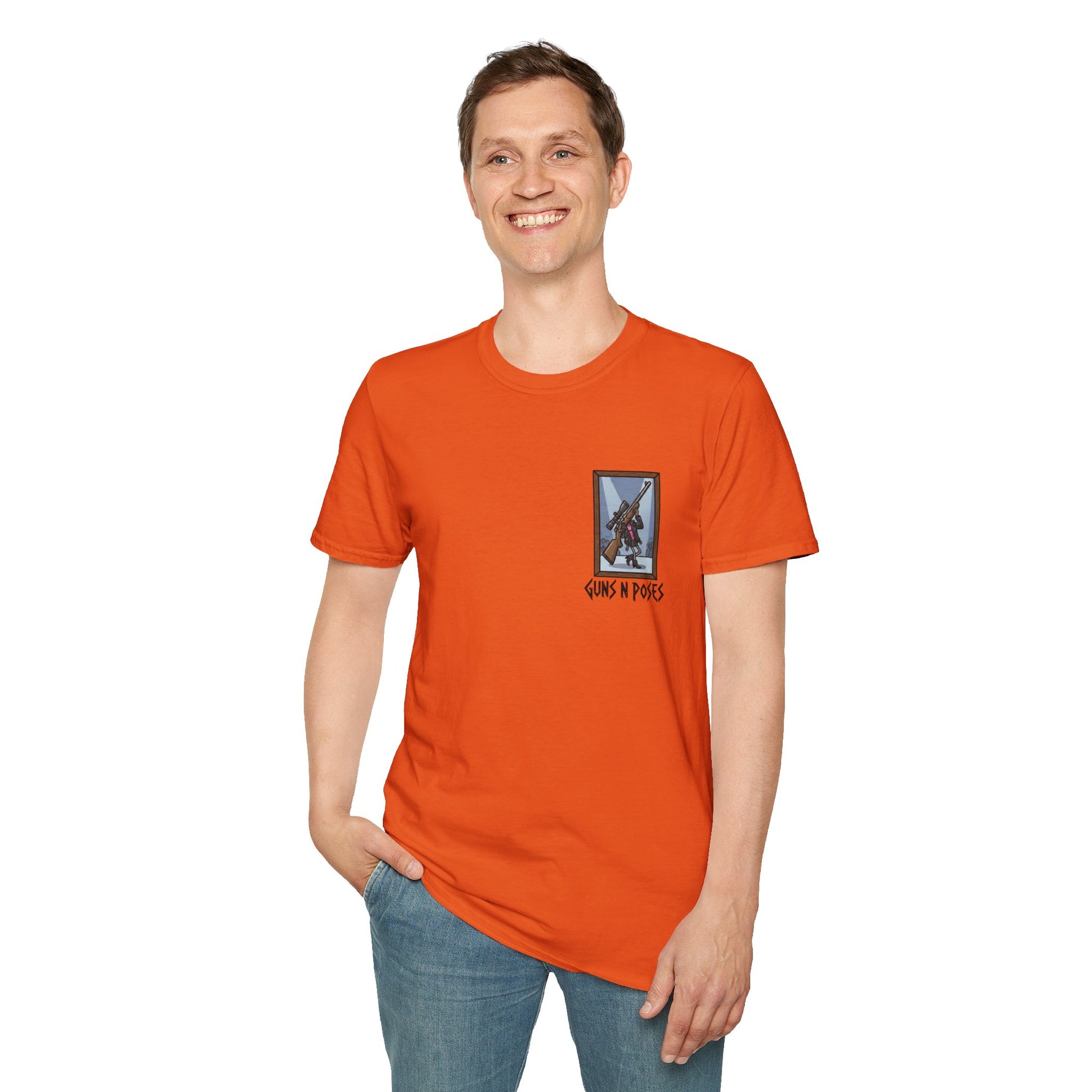 Black T-shirt featuring graphic artwork of guns in various poses from the "Guns in Poses" art gallery by Printify.