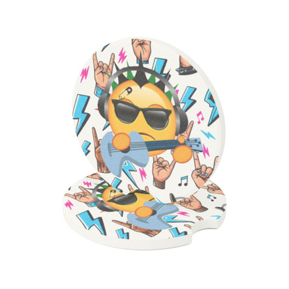 Rock Emoji Absorbent Car Coasters — Rock and Roll Gifts for Guitar Lovers | Soapstone Cup Holder Insert for Music Themed Car Decor - Ramshackle Shack