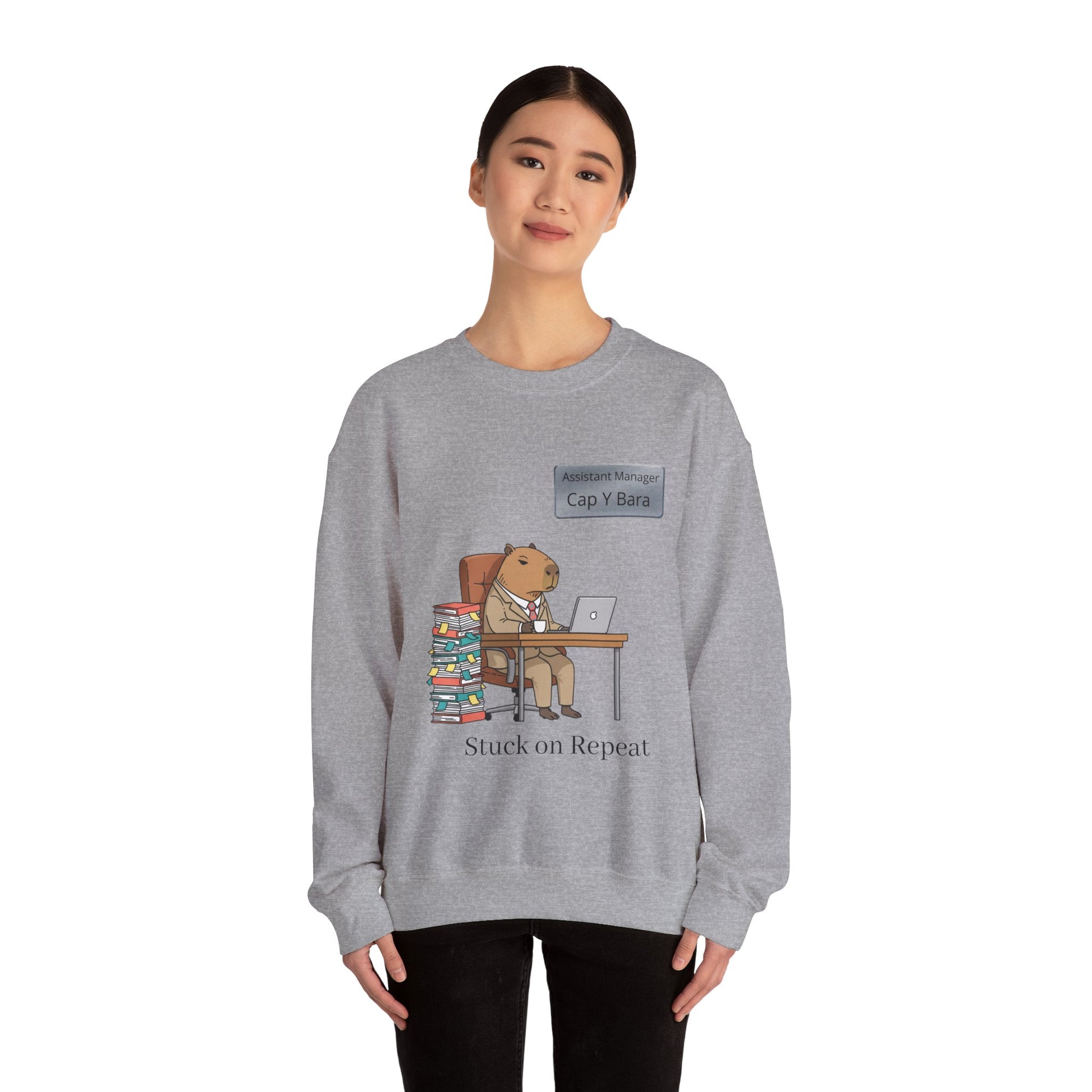Adult sweatshirt featuring a capybara at desk with animal bureaucracy illustration, suitable for office or casual wear.