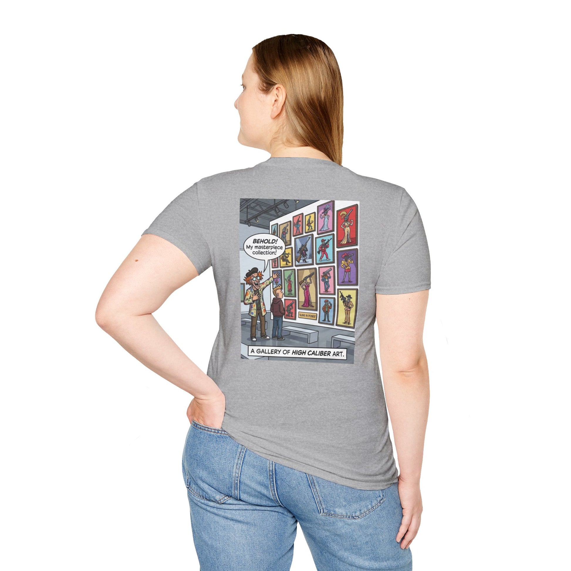 Black T-shirt featuring a graphic design of guns in dynamic poses, from the "Guns in Poses" art collection by Printify.