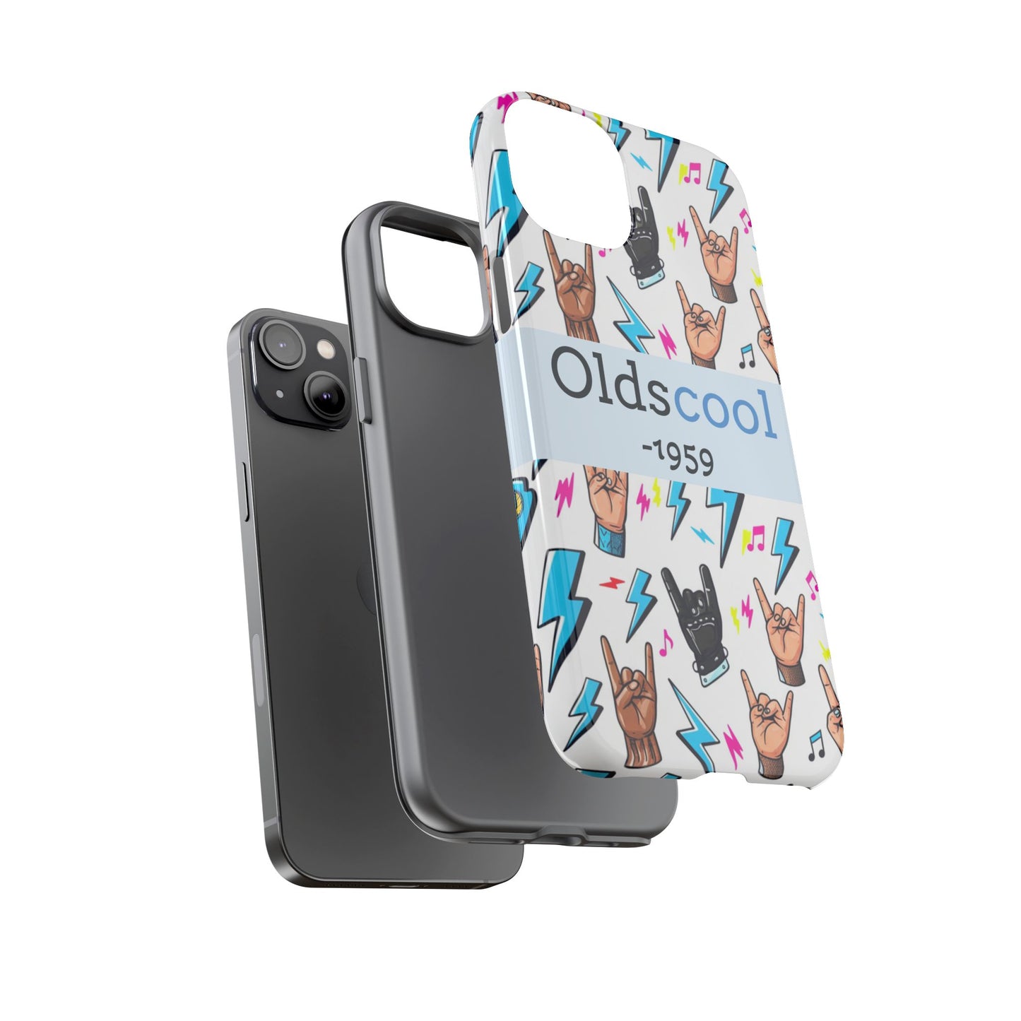 Retro Rock 'Oldscool 1959' Phone Case – Lightning & Rock Hand Pattern - Ramshackle Shack