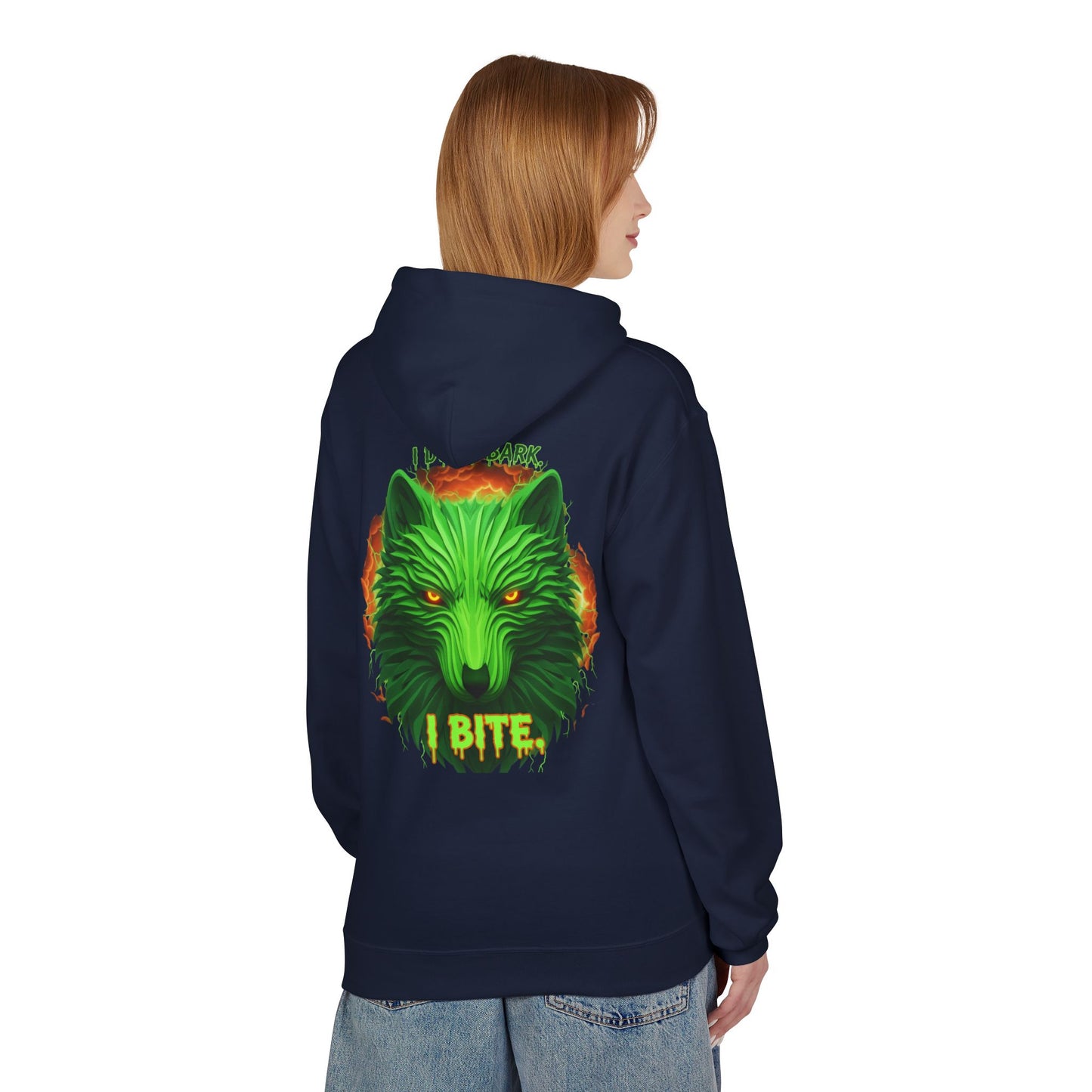 Neon green wolf graphic hoodie for night riders, featuring a bold wolf design on a comfortable Printify hoodie.
