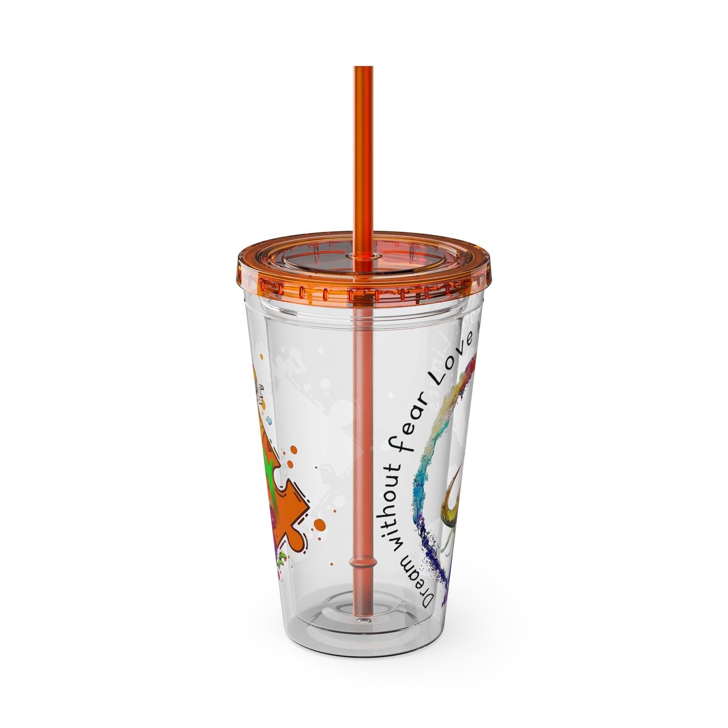 16oz Printify Sunsplash Tumbler with straw featuring watercolor elephant design and paint-splatter puzzle artwork.