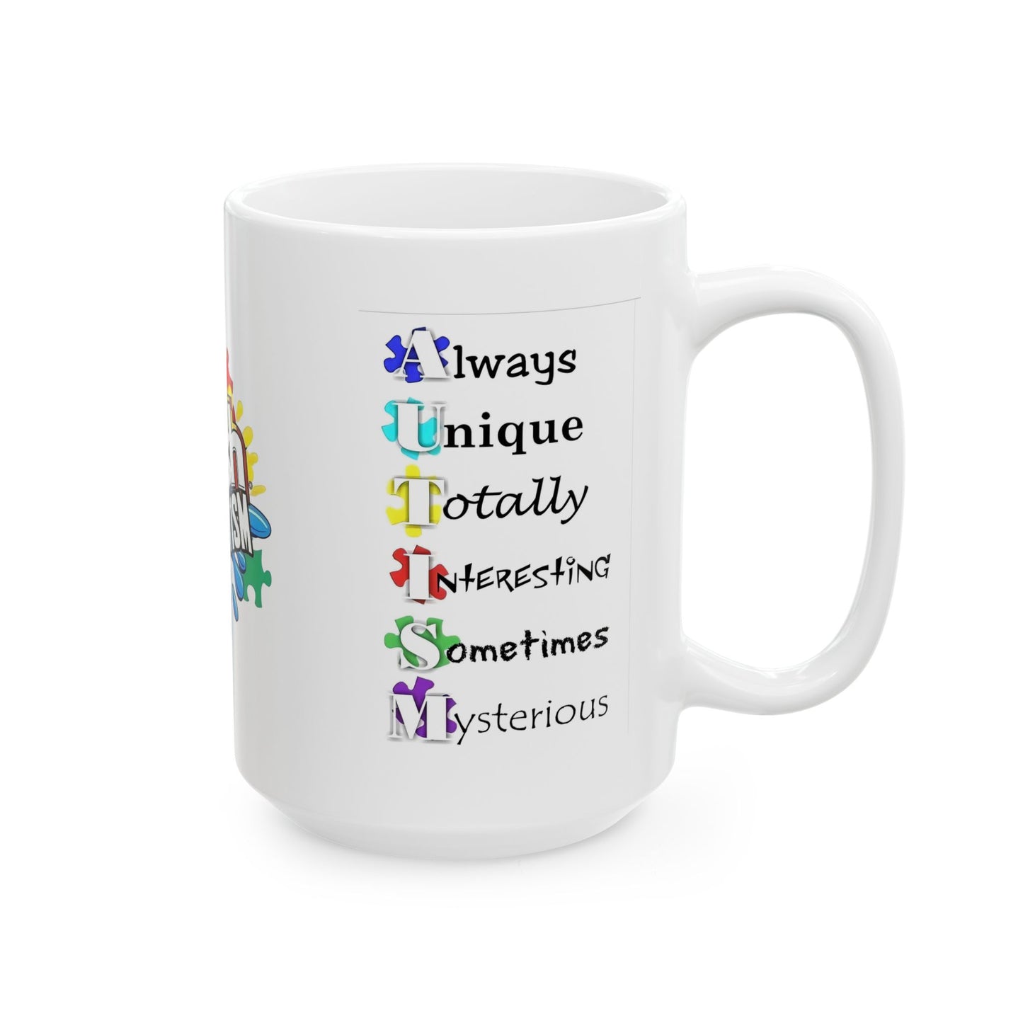 Colorful Crush Autism ceramic mug featuring puzzle piece design, available in 11oz and 15oz sizes by Printify.