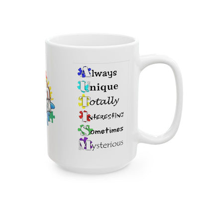 Colorful Crush Autism ceramic mug featuring puzzle piece design, available in 11oz and 15oz sizes by Printify.