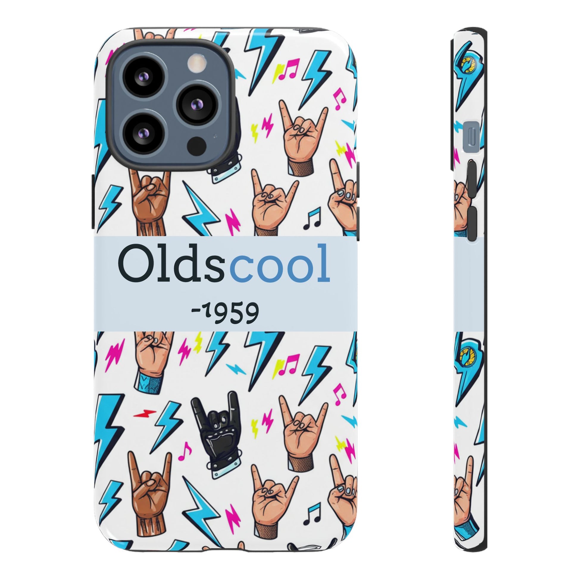 Retro Rock 'Oldscool 1959' Phone Case – Lightning & Rock Hand Pattern - Ramshackle Shack