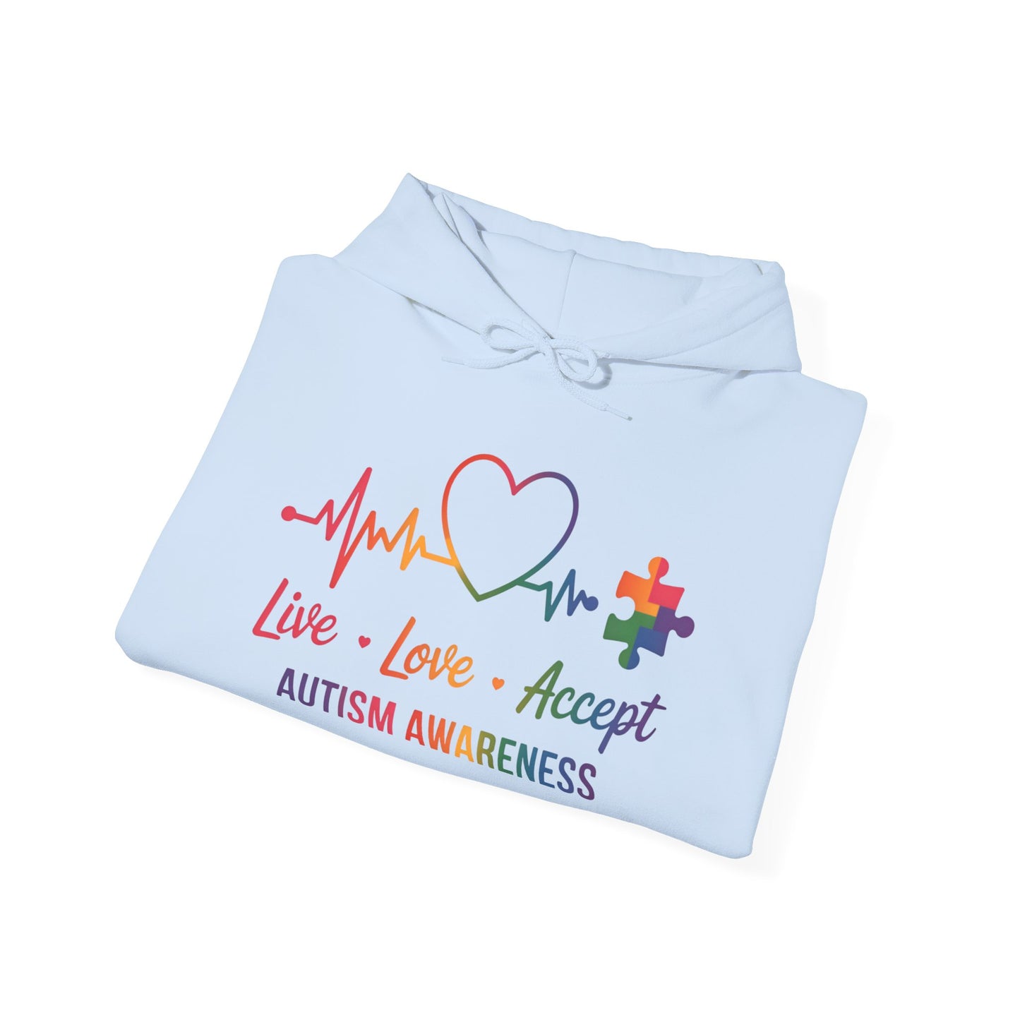 Autism Awareness Hoodie — "Live, Love, Accept" Heartbeat Puzzle-Rainbow - Ramshackle Shack