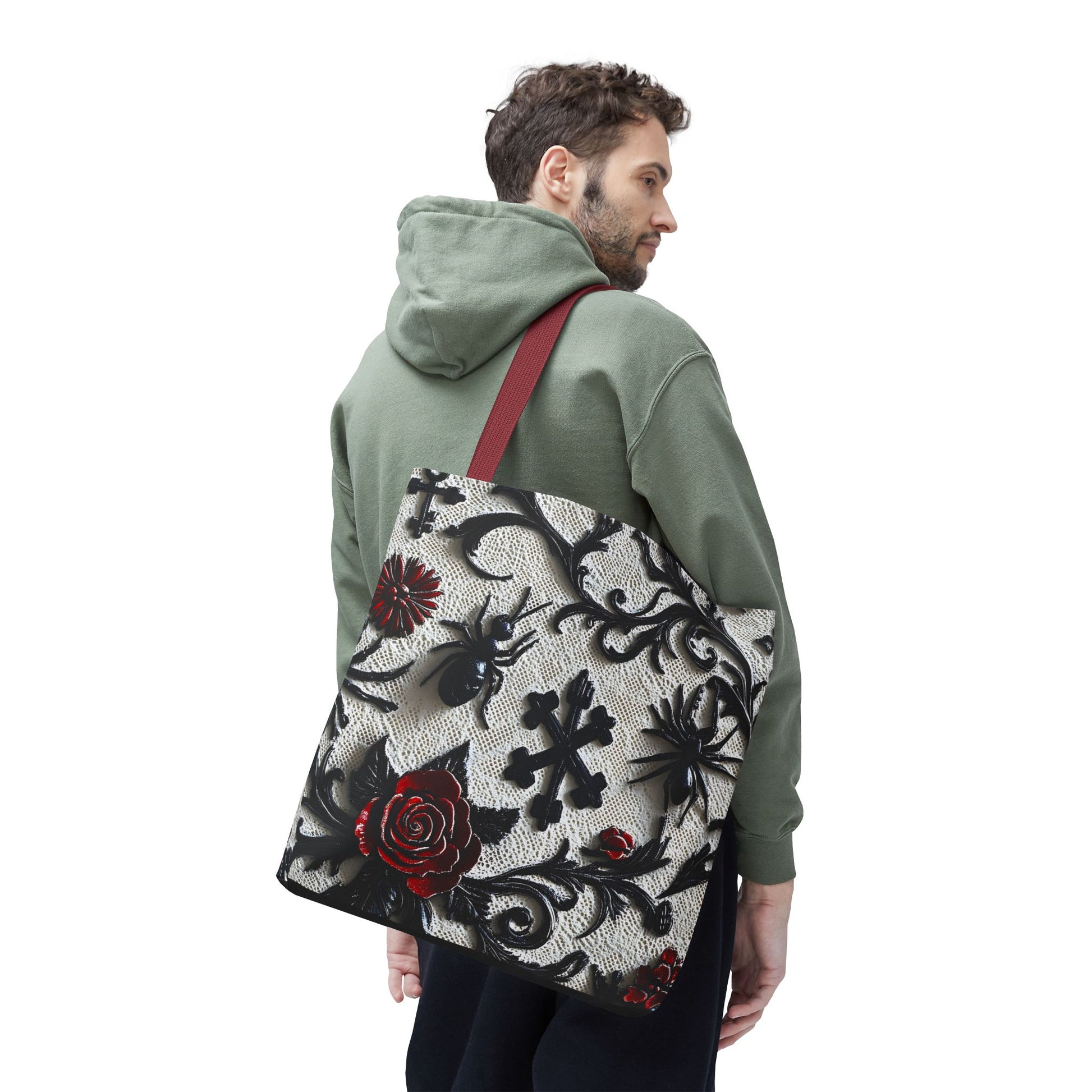 Gothic filigree tote bag with ornate dark floral all-over print, featuring intricate floral embroidery on a black fabric bag