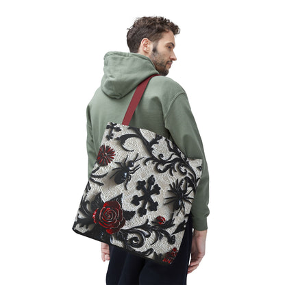 Gothic filigree tote bag with ornate dark floral all-over print, featuring intricate floral embroidery on a black fabric bag