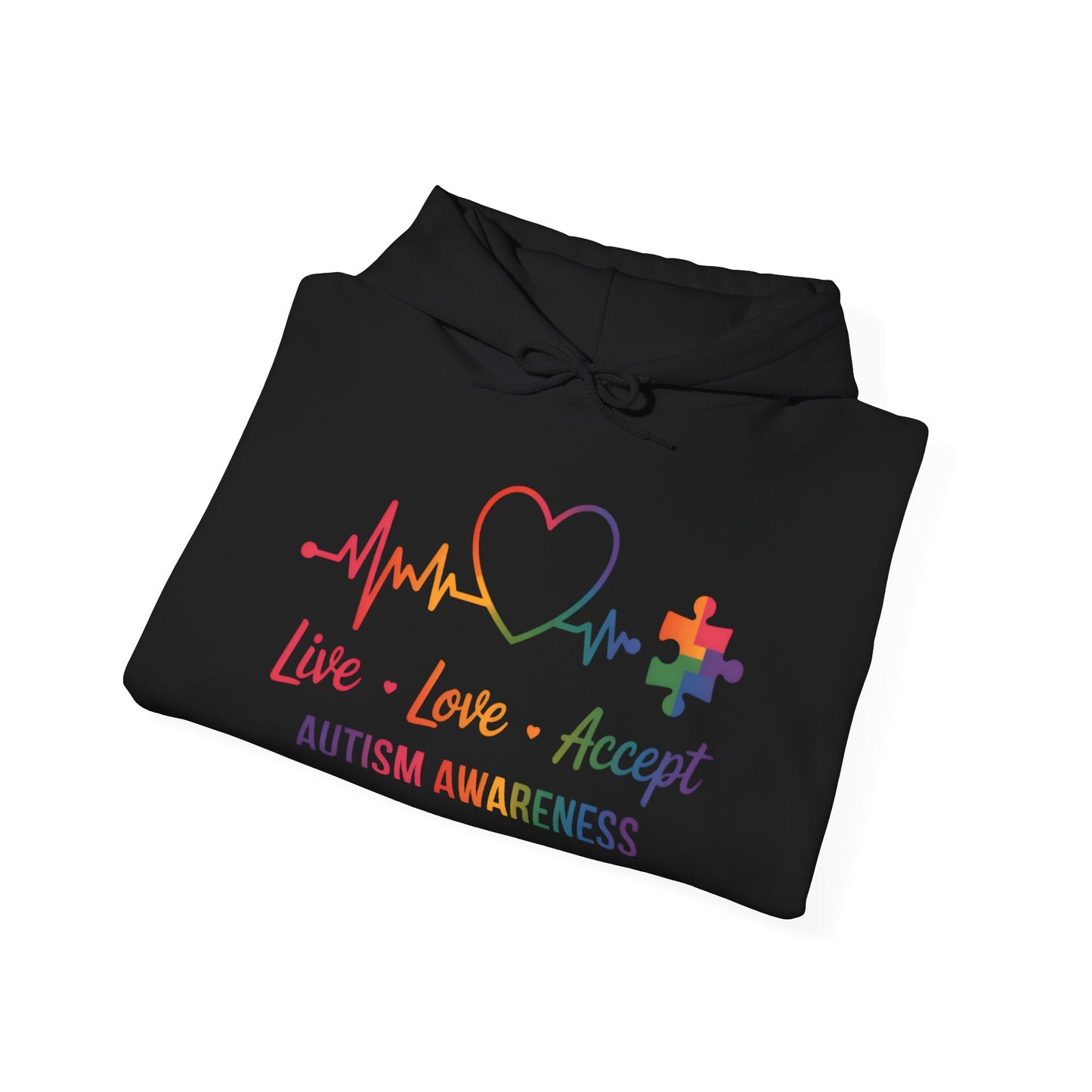 Autism Awareness Hoodie — "Live, Love, Accept" Heartbeat Puzzle-Rainbow - Ramshackle Shack