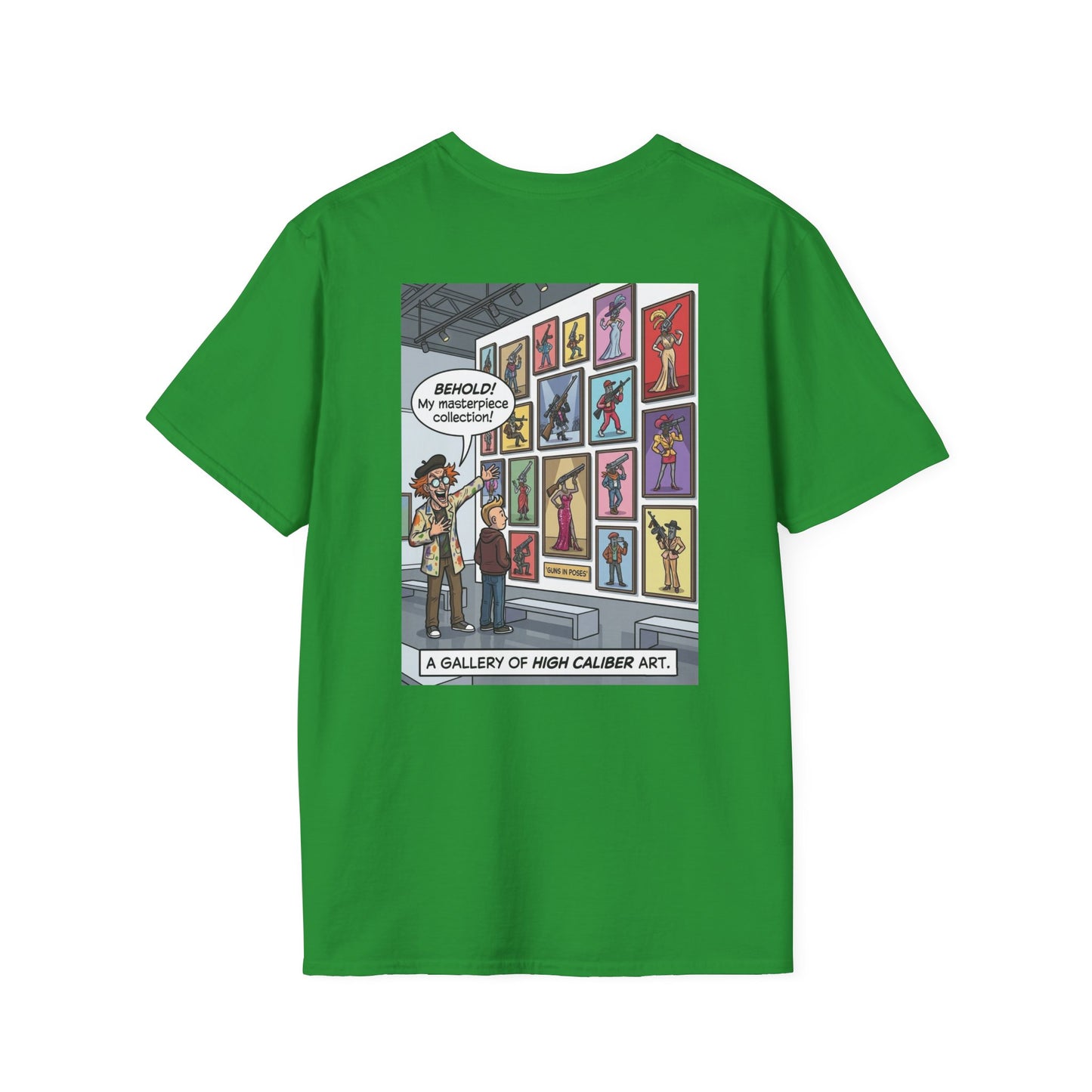 Black T-shirt featuring a colorful graphic design of guns in various artistic poses, by Printify.