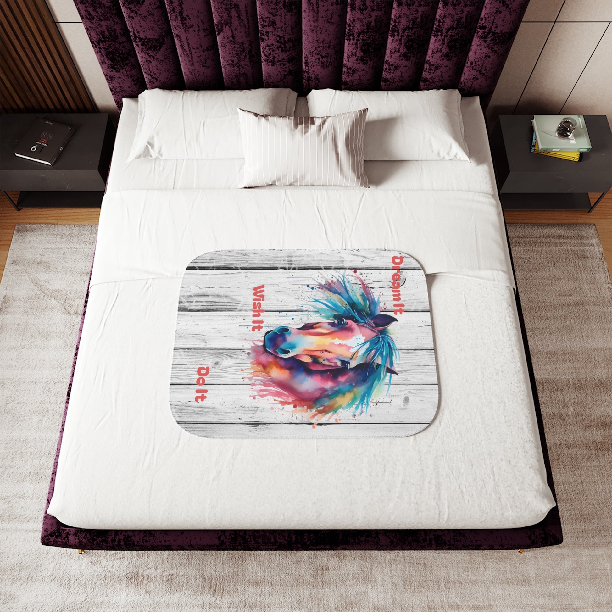 Two-tone watercolor horse Sherpa blanket featuring "Dream It, Wish It, Do It" design, cozy home decor throw by Printify.