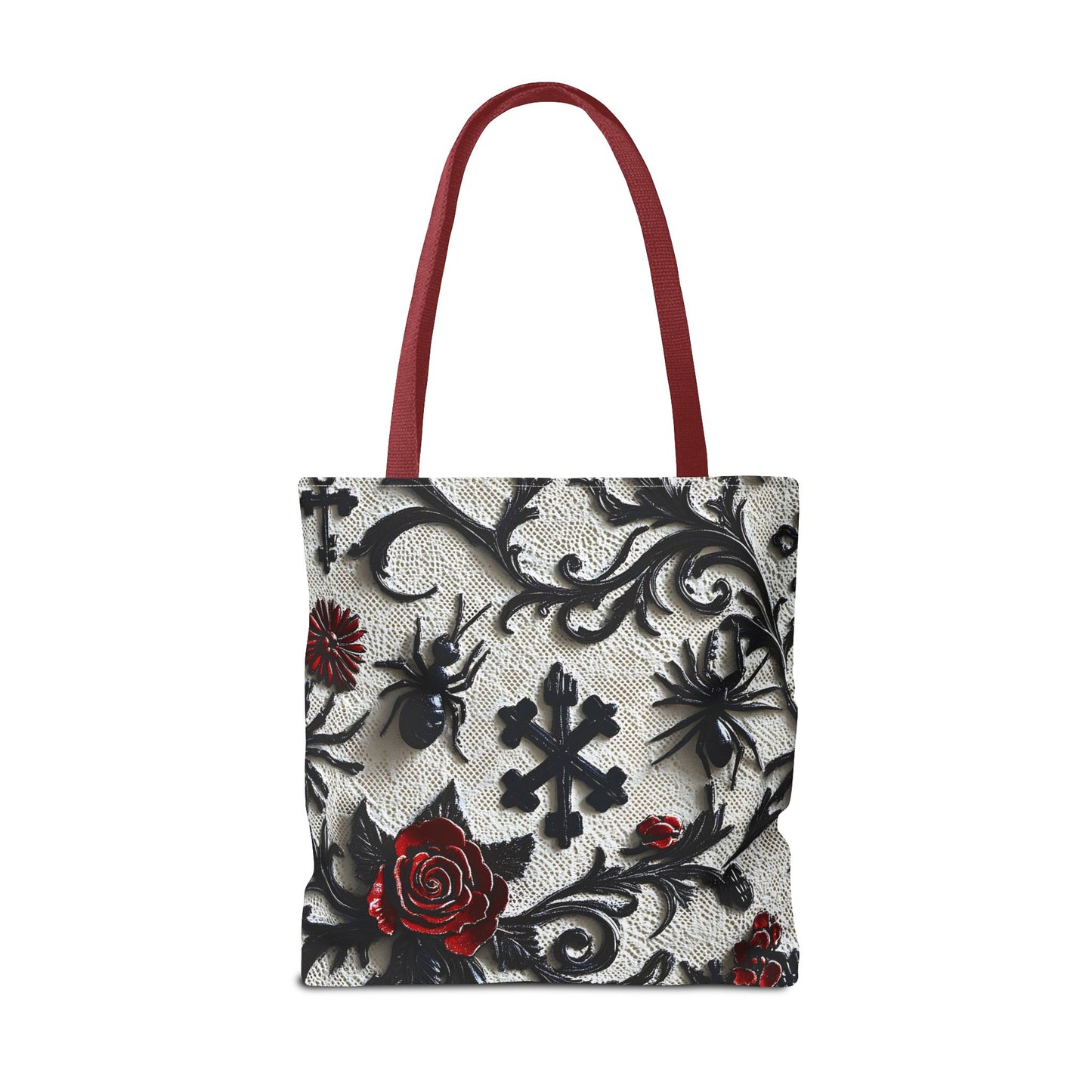 Gothic filigree tote bag with ornate dark floral all-over print, stylish and spacious bag from Printify.