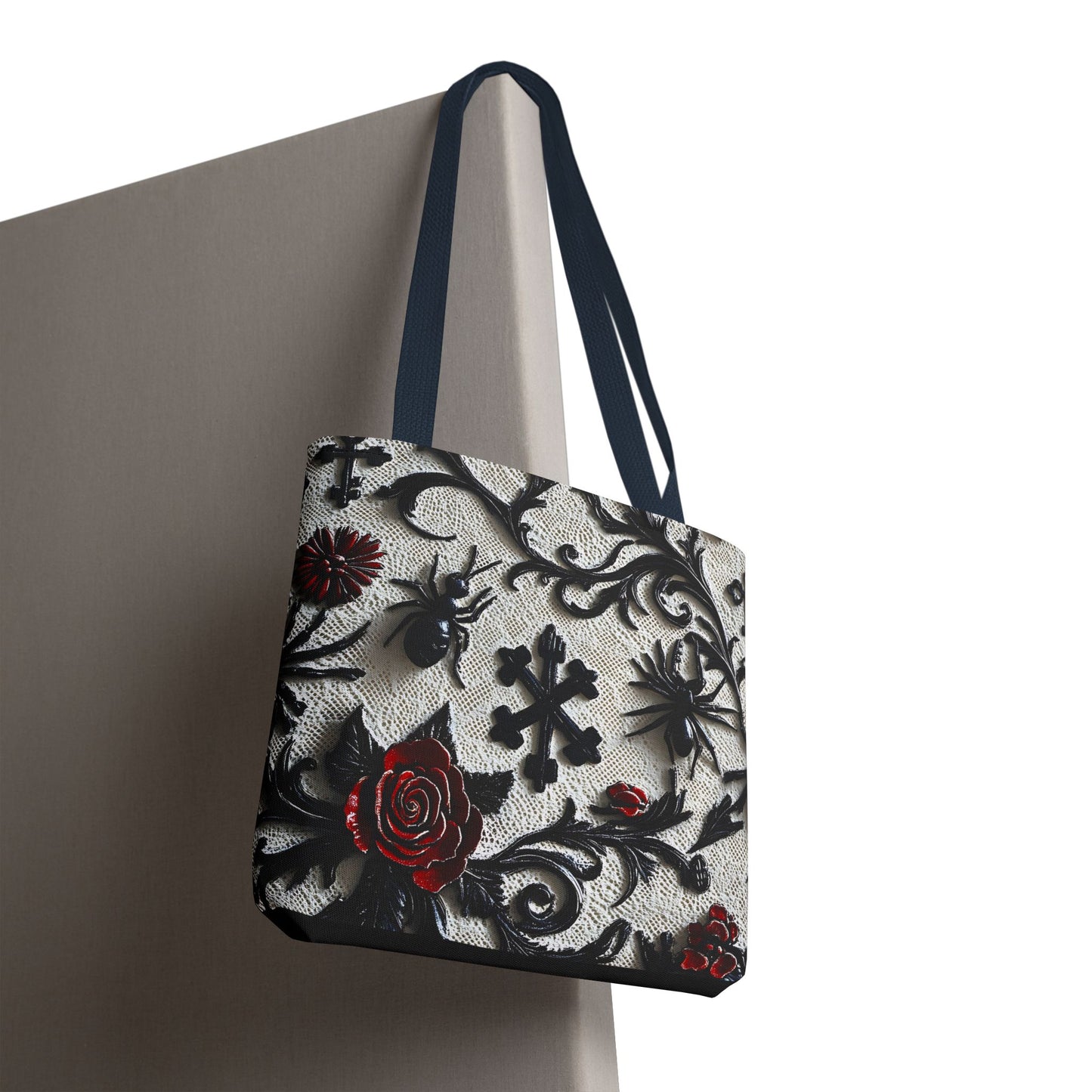Gothic filigree tote bag with ornate dark floral all-over print, stylish bag by Printify featuring intricate design details.