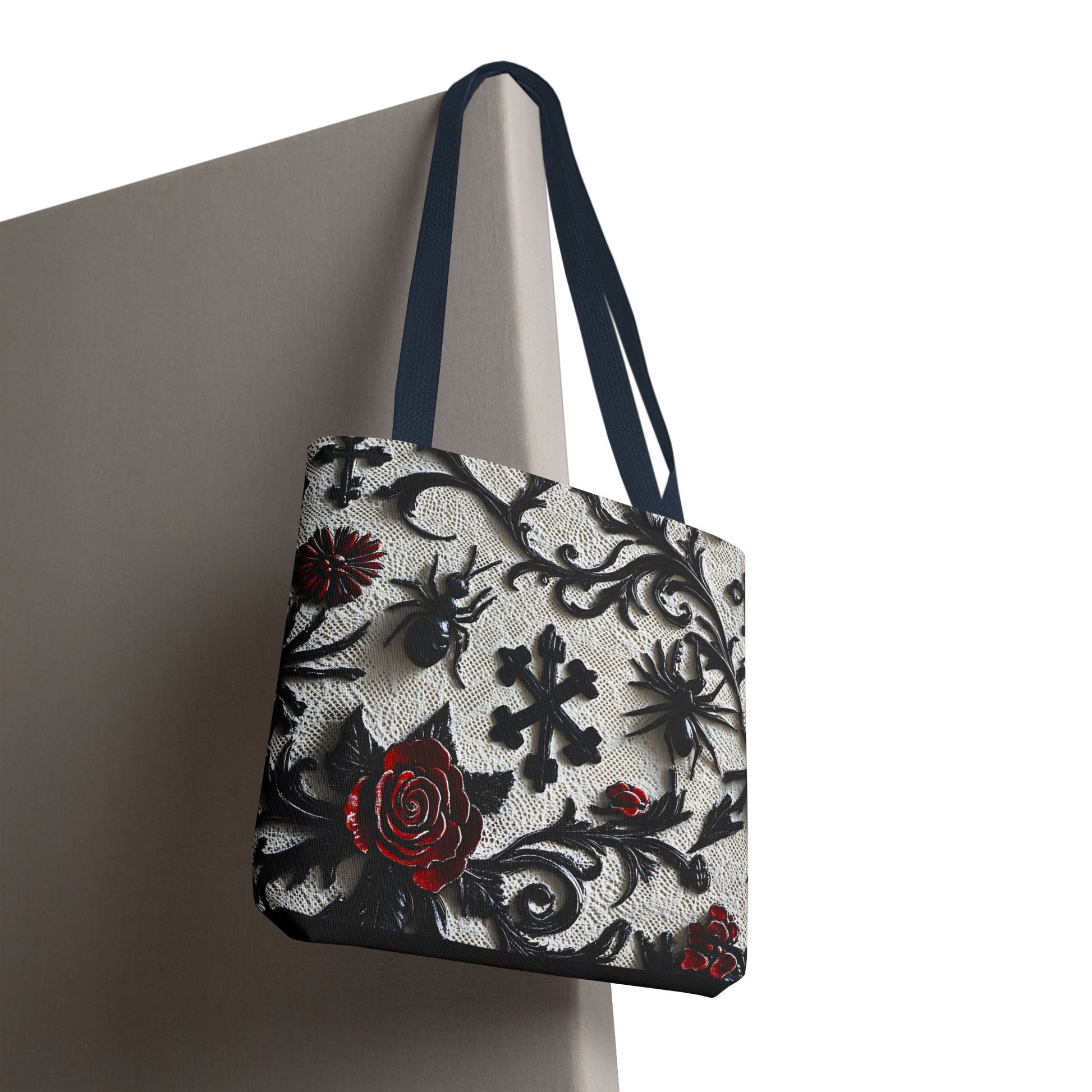 Gothic filigree tote bag with ornate dark floral all-over print, stylish bag by Printify featuring intricate design details.