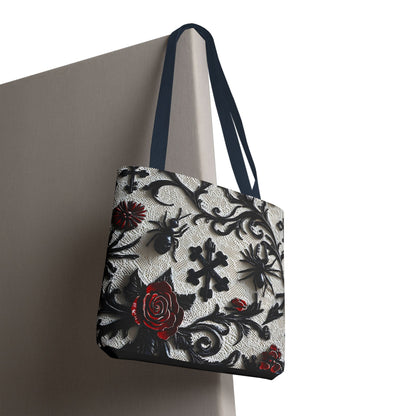 Gothic filigree tote bag with ornate dark floral all-over print, stylish bag by Printify featuring intricate design details.