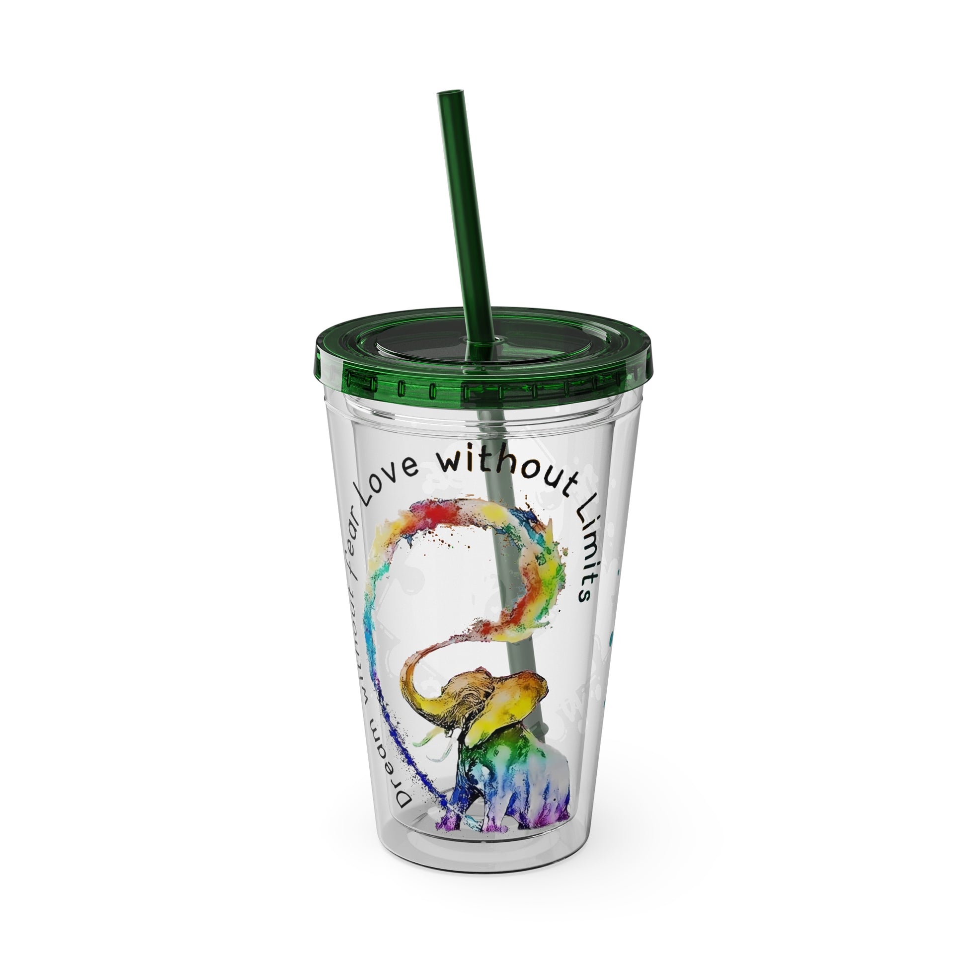 16oz Printify Sunsplash tumbler with straw featuring watercolor elephant and paint-splatter puzzle designs.