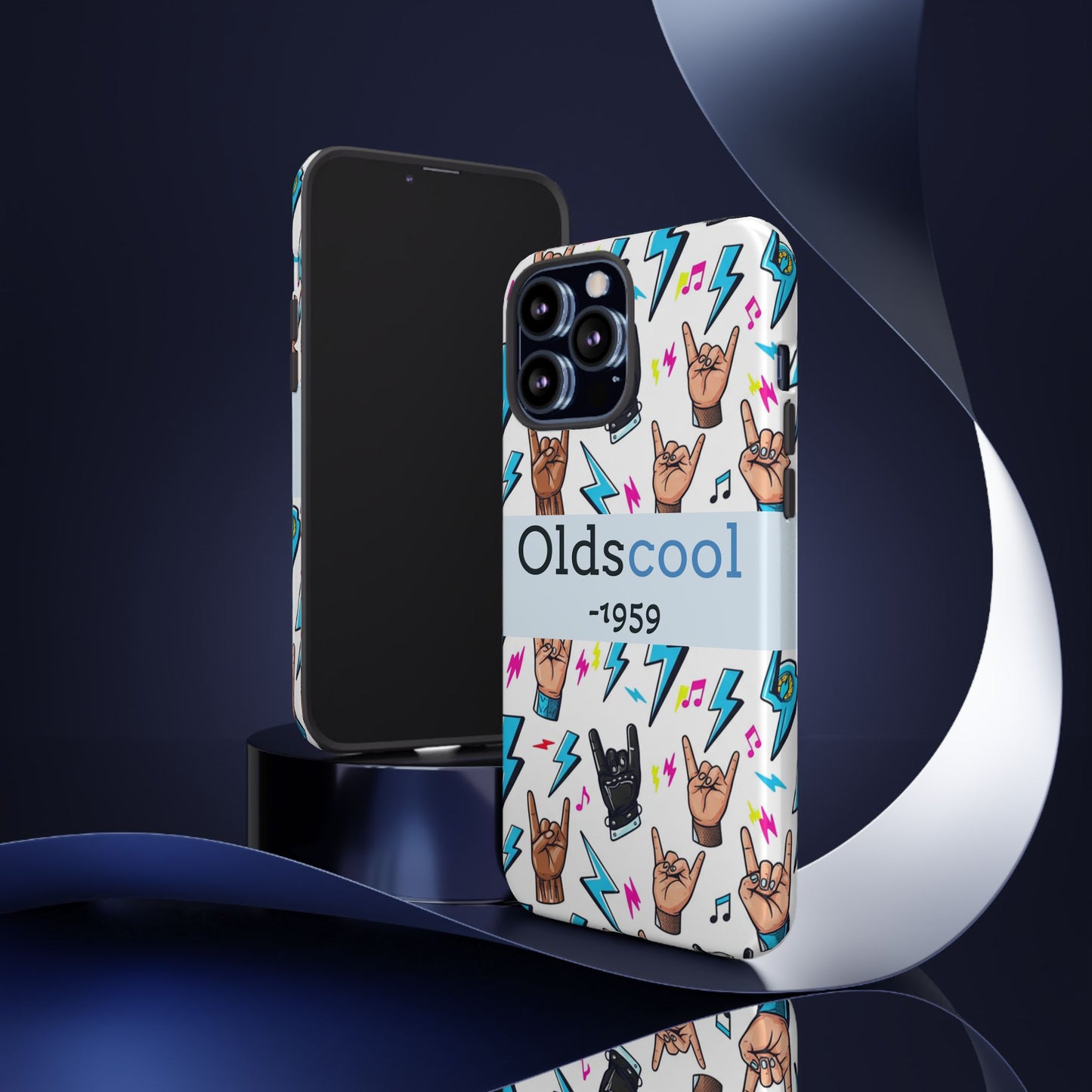 Retro Rock 'Oldscool 1959' Phone Case – Lightning & Rock Hand Pattern - Ramshackle Shack