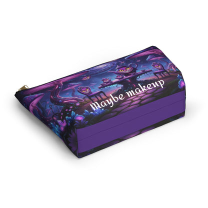 Cheshire Cat Mushroom accessory pouch by Printify featuring colorful cartoon cat and mushroom design for makeup or snacks.