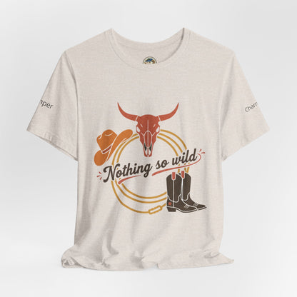 Personalized Western sunset T-shirt featuring Nothing So Wild Rider logo on a stylish casual tee by Printify.