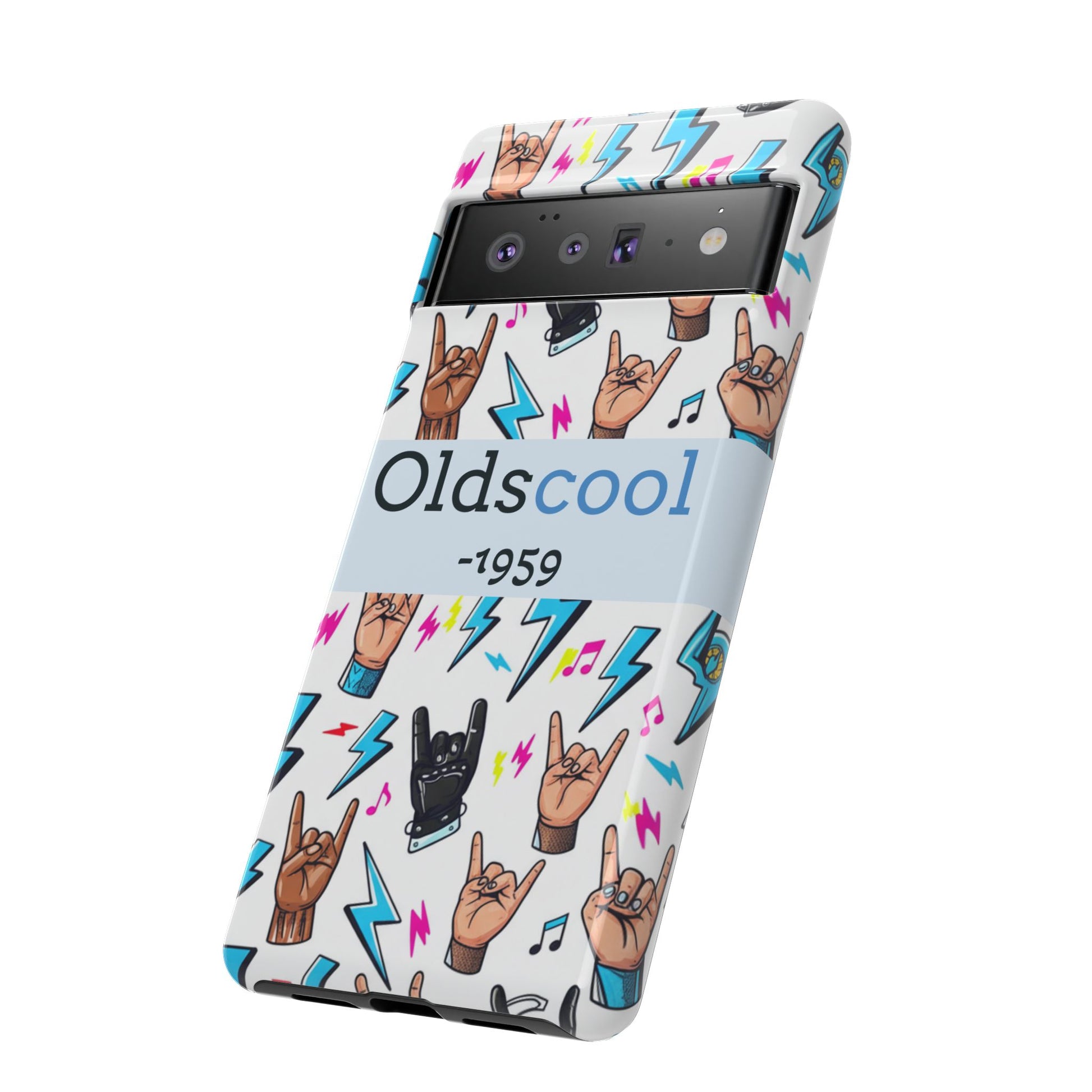Retro Rock 'Oldscool 1959' Phone Case – Lightning & Rock Hand Pattern - Ramshackle Shack