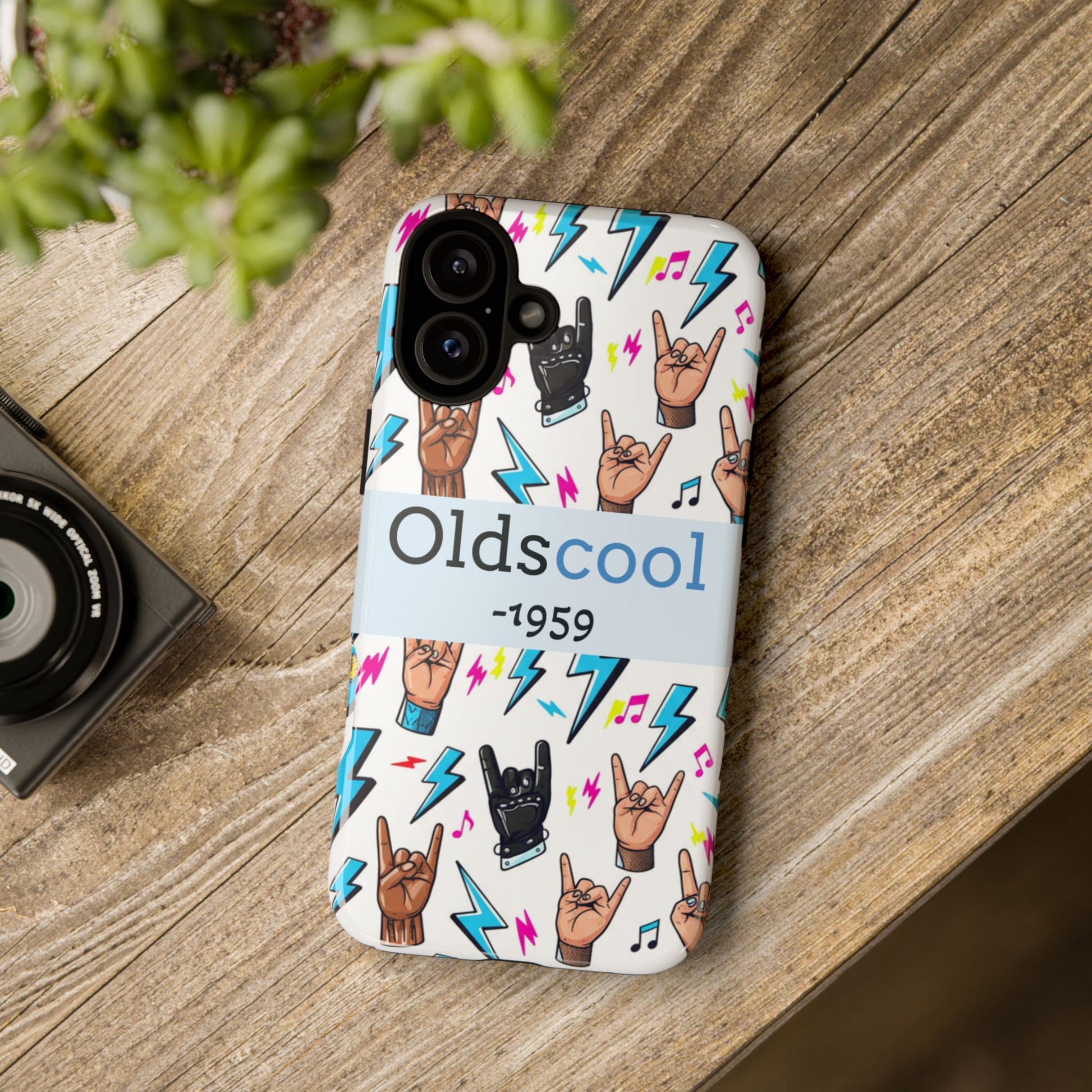 Retro Rock 'Oldscool 1959' Phone Case – Lightning & Rock Hand Pattern - Ramshackle Shack
