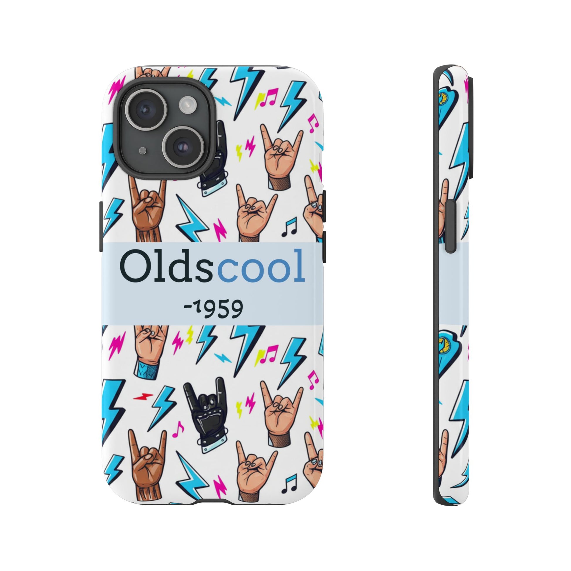 Retro Rock 'Oldscool 1959' Phone Case – Lightning & Rock Hand Pattern - Ramshackle Shack