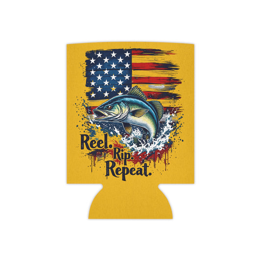 Can Cooler — "Reel, Rip, Repeat" American Flag Jumping Fish - Ramshackle Shack