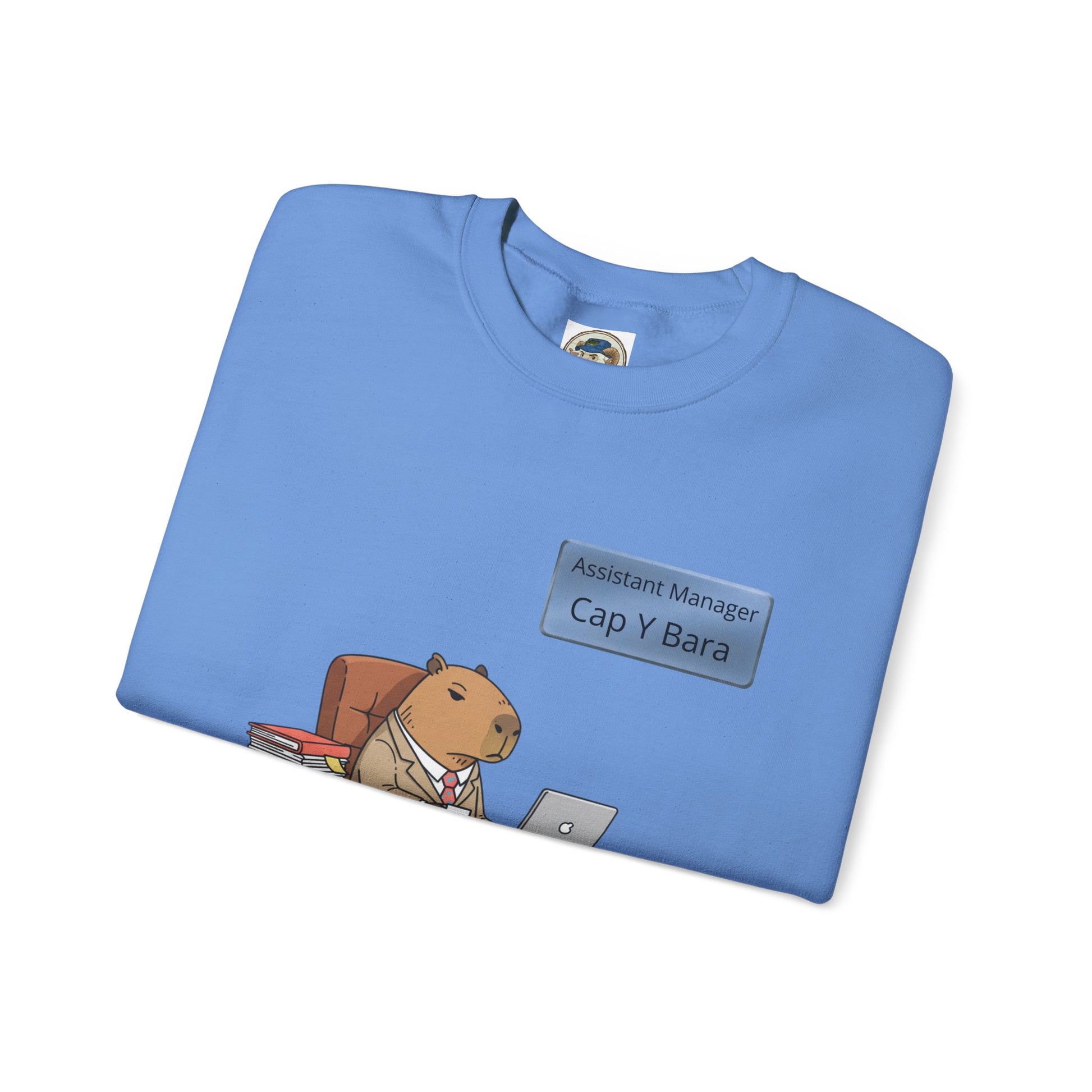 Gray sweatshirt featuring an illustration of an office capybara at a desk from the Unhinged Animal Bureaucracy collection.