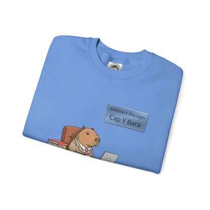 Gray sweatshirt featuring an illustration of an office capybara at a desk from the Unhinged Animal Bureaucracy collection.