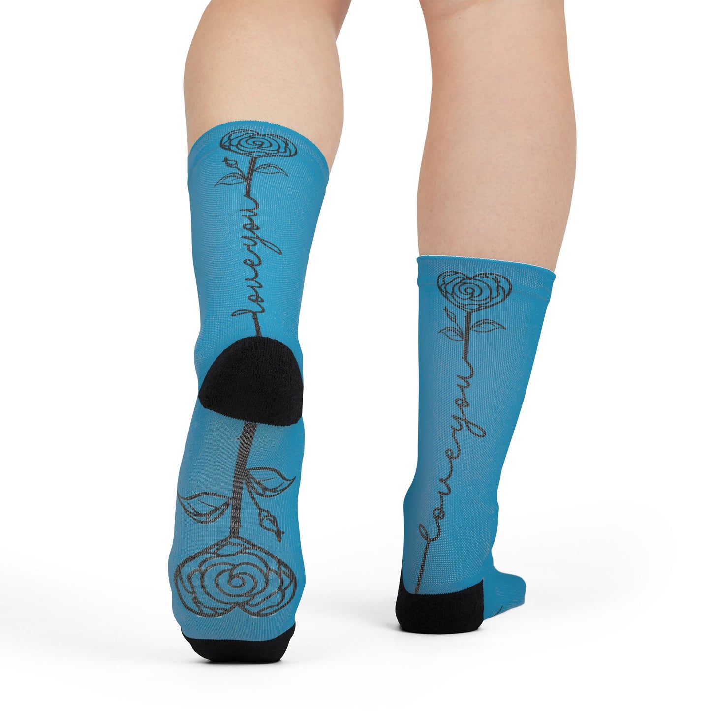 Love You Rose crew socks with vibrant floral sublimated print, featuring colorful all-over rose and floral graphic design.