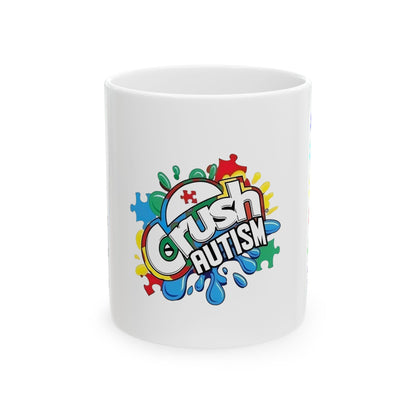 Colorful puzzle piece design on a Crush Autism ceramic mug by Printify, available in 11oz and 15oz sizes.