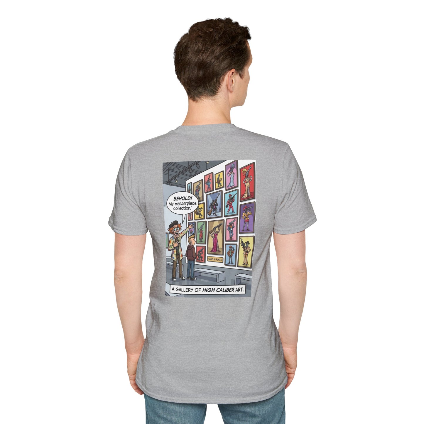Black T-shirt featuring a graphic print from "Guns in Poses" high-caliber art collection, showcasing artistic firearm illustrations.