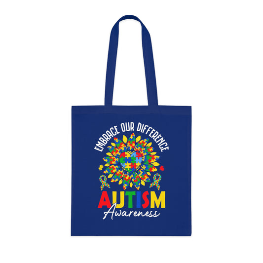 Autism Awareness Cotton Tote — "Embrace Our Difference" Puzzle Ribbon Design - Ramshackle Shack