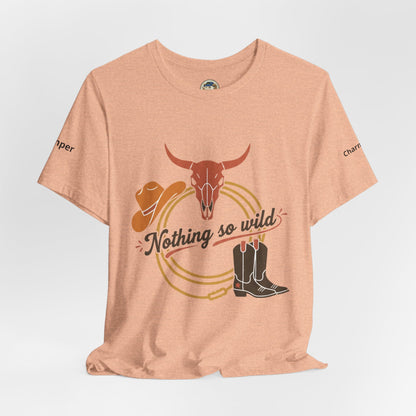 Personalized Western Sunset T-Shirt from Nothing So Wild Rider Tee by Printify, featuring a vibrant sunset design on a casual tee.