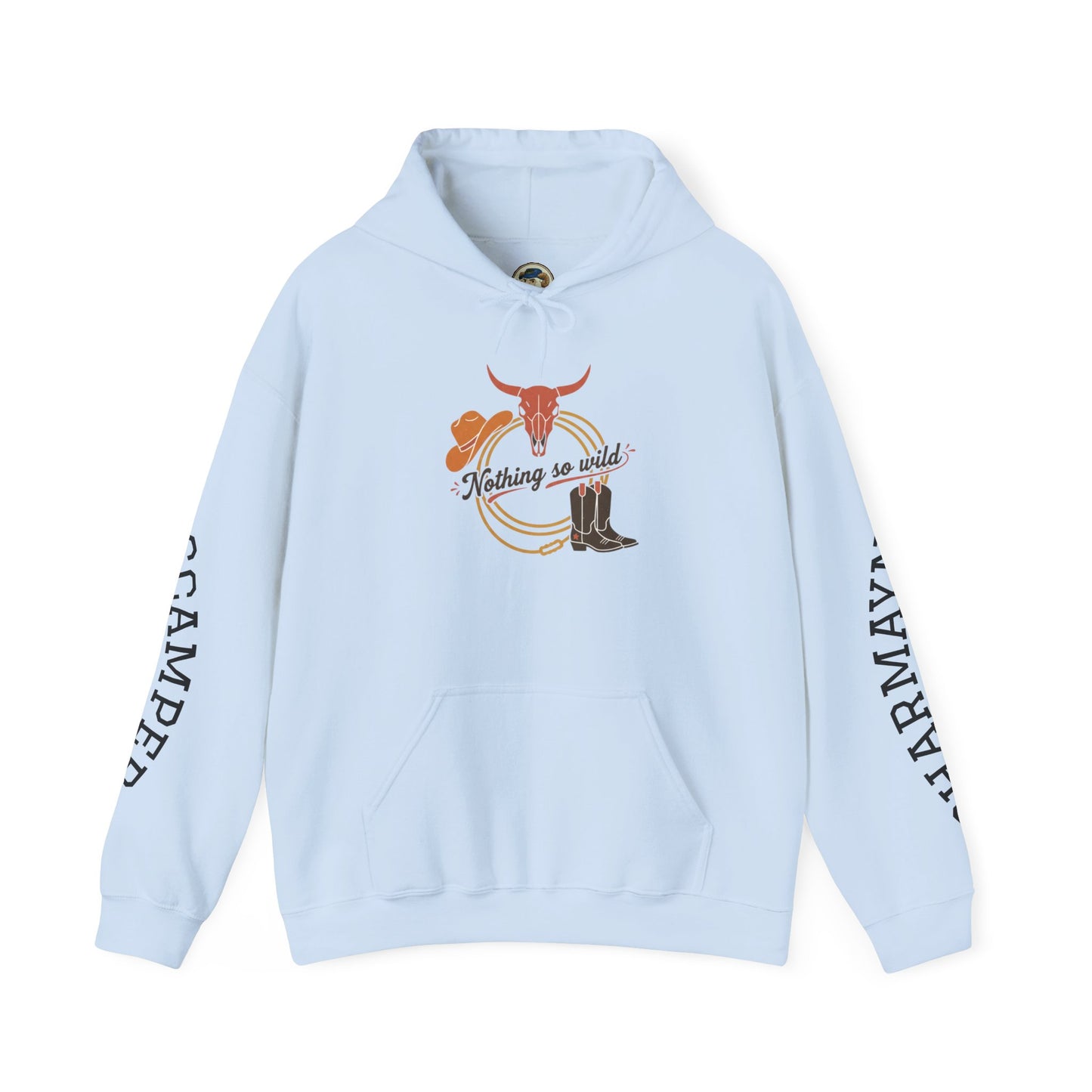 Western minimalist rider hoodie featuring a personalized bull skull and prairie sunset design by Printify.