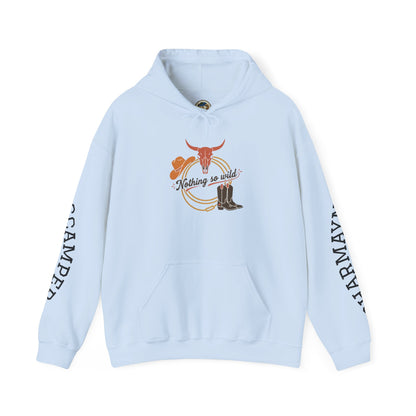 Western minimalist rider hoodie featuring a personalized bull skull and prairie sunset design by Printify.