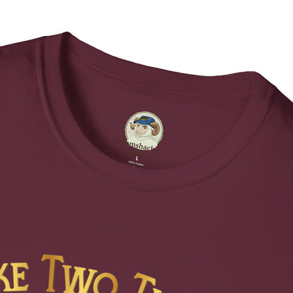 Funny graphic T-shirt from Printify with text "I Like Two Things: Titties and Tacos" featuring a taco illustration.