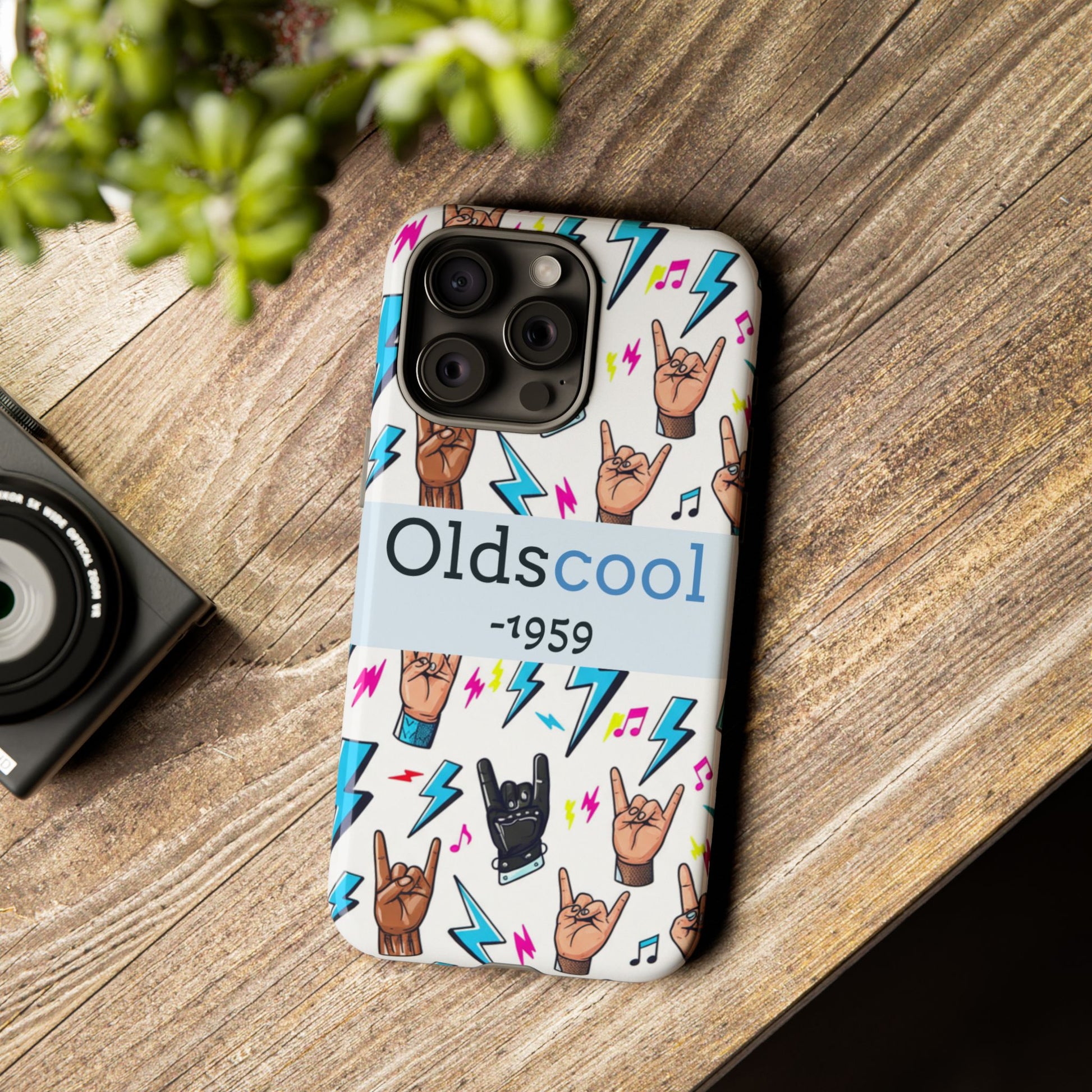 Retro Rock 'Oldscool 1959' Phone Case – Lightning & Rock Hand Pattern - Ramshackle Shack