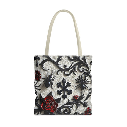 Gothic filigree tote bag with ornate dark floral print, featuring intricate black and purple floral designs on a sturdy bag.