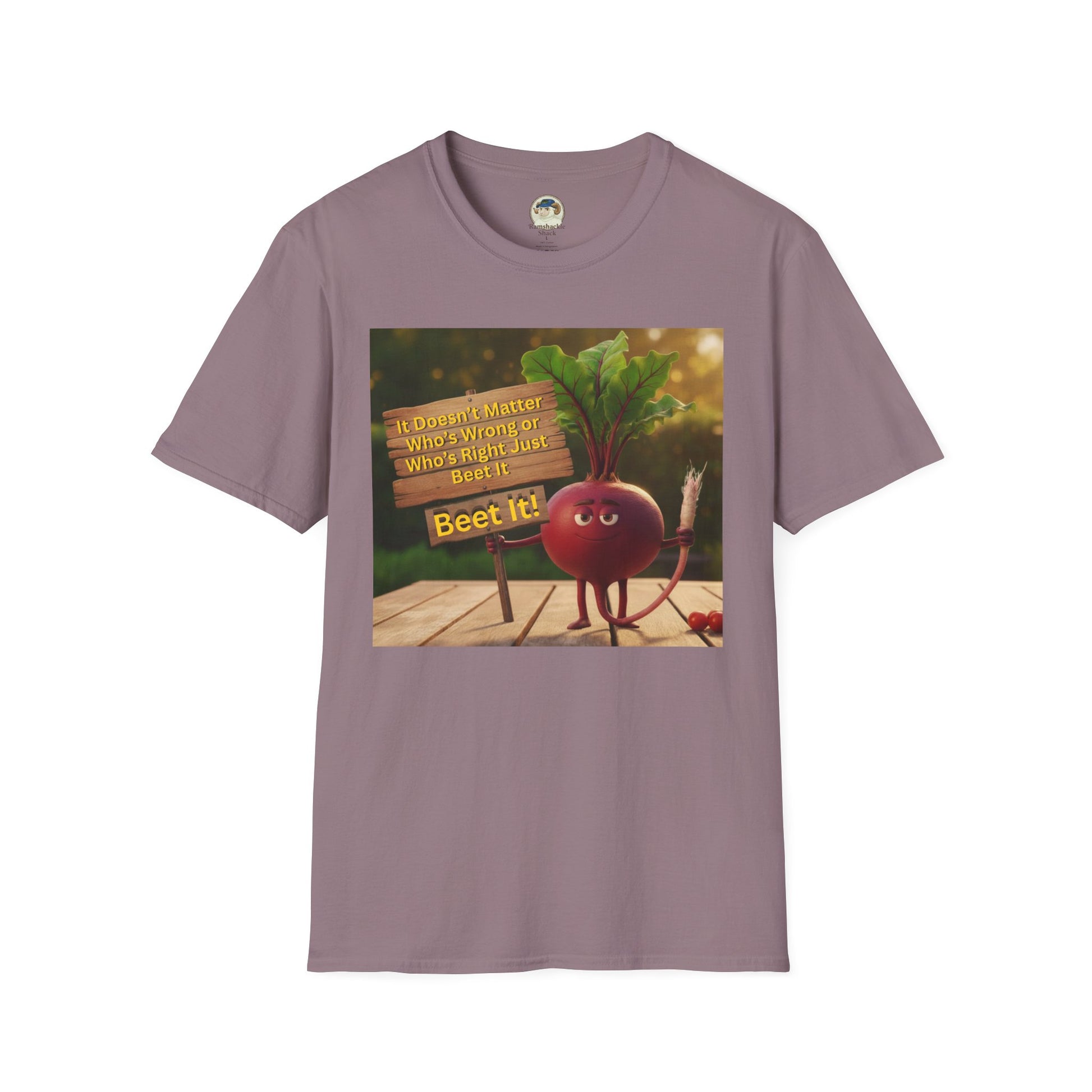 Unisex softstyle T-shirt featuring a humorous beetroot graphic design, ideal for casual wear and fun fashion statements.